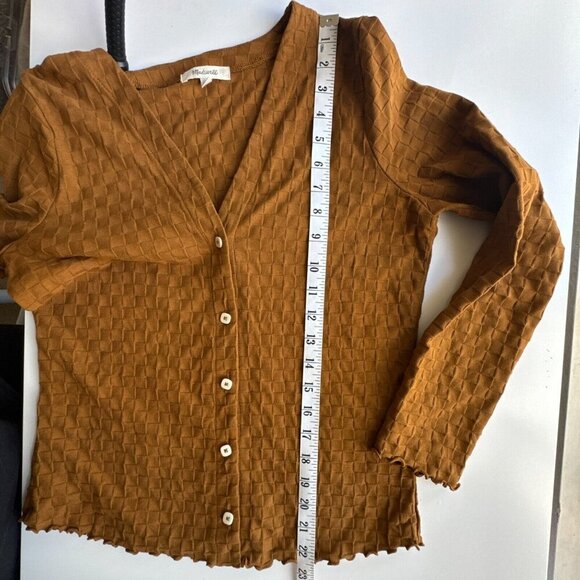 Madewell V Neck Checkerboard Jacquard Cardigan Size S Sepia Brown 100% Cotton - Picture 8 of 9